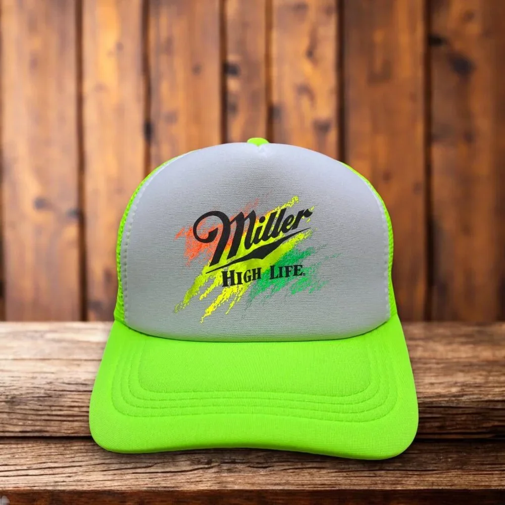 Miller High Life Mens Trucker Hat Neon Yellow 80s Logo Man Cave Beer Cap
